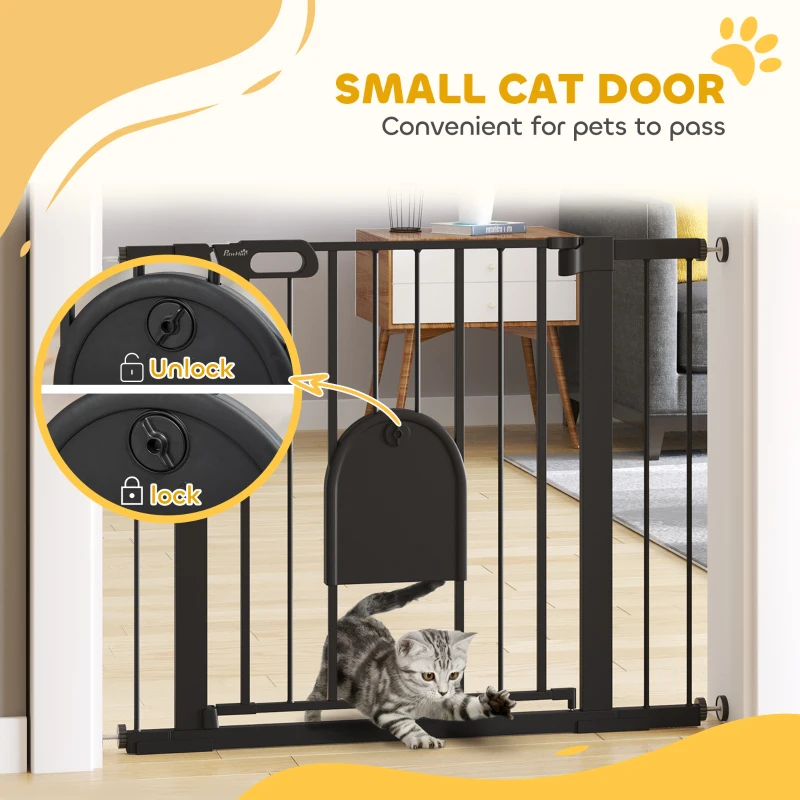 PawHut 30"-41" Extra Wide Pet Gate Barrier with Small Door, 30"H Dog Gate with Safety Gate Barrier, Stair Pressure Fit, Black