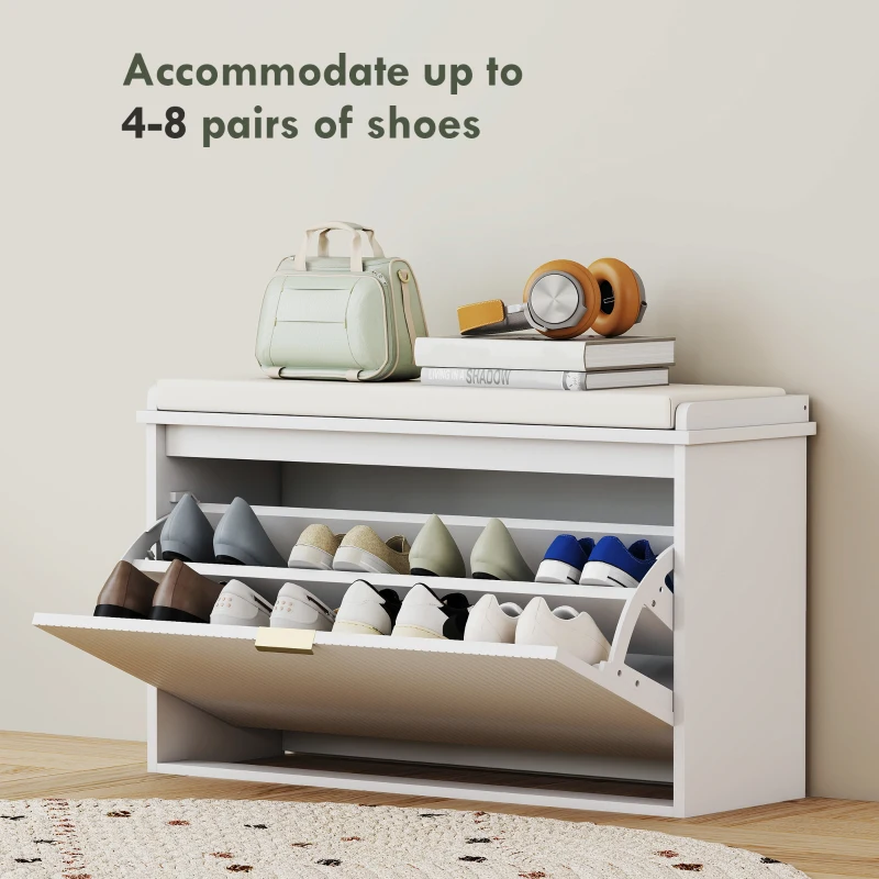 HOMCOM Shoe Storage Bench with Padded Seat Cushion and Flip-Drawer, Entryway Bench, Shoe Cabinet, 31.5x10.2x18.7 Inches, White