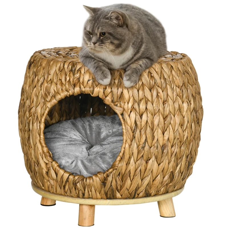 PawHut Wicker Cat Bed with Washable Cushion, Elevated Rattan Kitten Bed for Indoor Cats, Light Brown