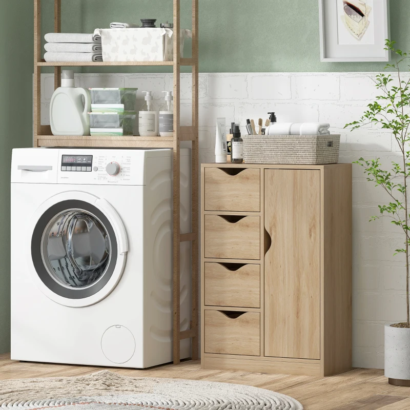 HOMCOM Freestanding Storage Cabinet, Bathroom Floor Cabinet with 4 Drawers and Door, Oak