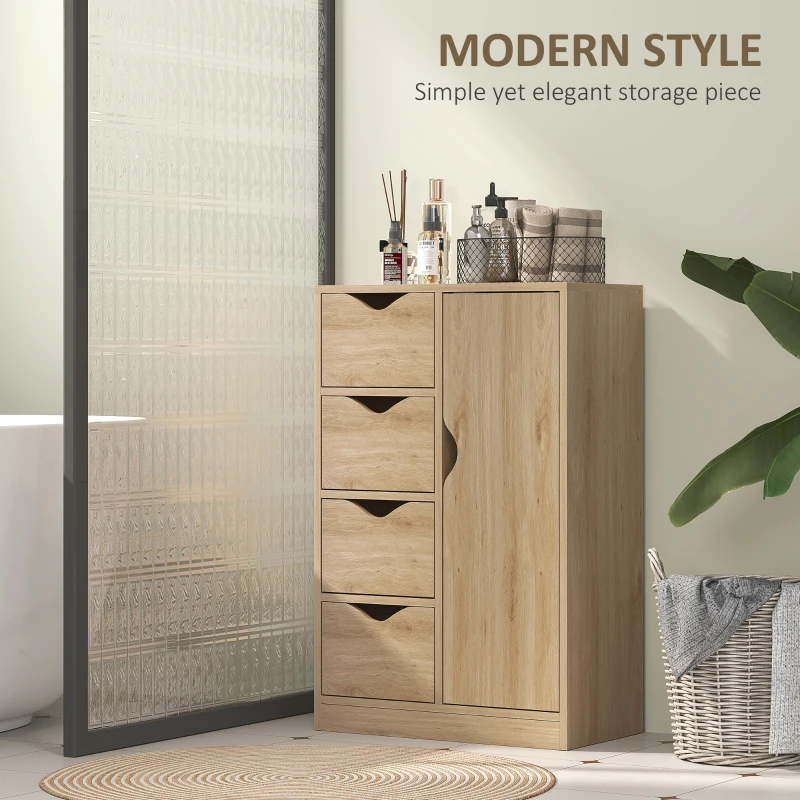 HOMCOM Freestanding Storage Cabinet, Bathroom Floor Cabinet with 4 Drawers and Door, Oak