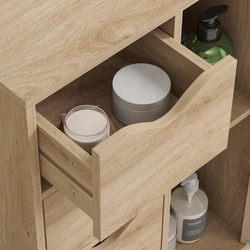 HOMCOM Freestanding Storage Cabinet, Bathroom Floor Cabinet with 4 Drawers and Door, Oak