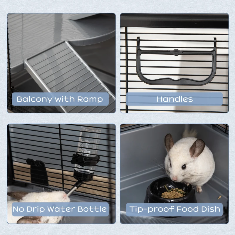 PawHut 3-tier Hamster Cage, Guinea Pig Cage with Accessories Food Dish Water Bottle, Ramps, 31.5"x19"x 23", Grey