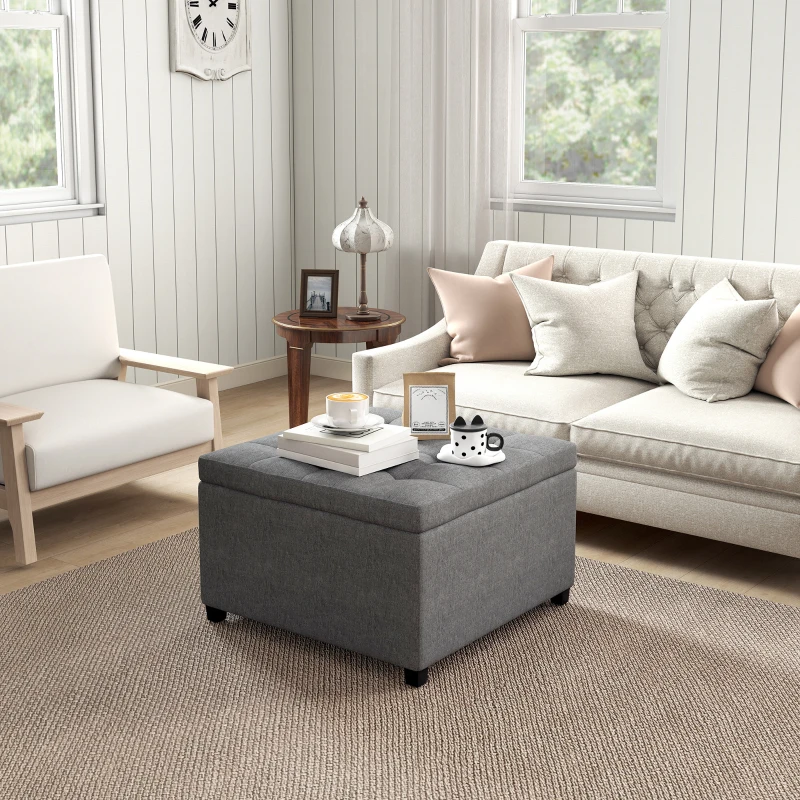 HOMCOM Round Storage Ottoman Bench, Button Tufted Ottoman with Flip Top for Living Room, Entryway and Bedroom, Gray
