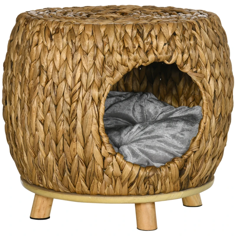 PawHut Wicker Cat Bed with Washable Cushion, Elevated Rattan Kitten Bed for Indoor Cats, Light Brown