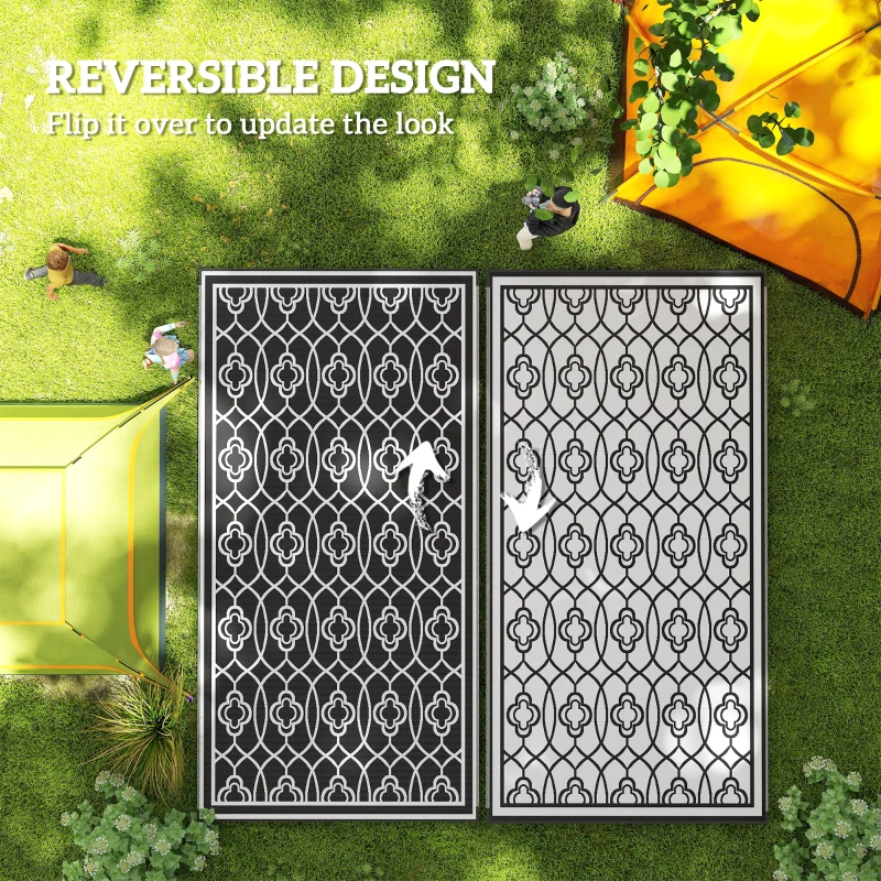 Outsunny Reversible Outdoor Rug, Waterproof Plastic Straw with Carry Bag, 9' x 18', Black & White Lantern