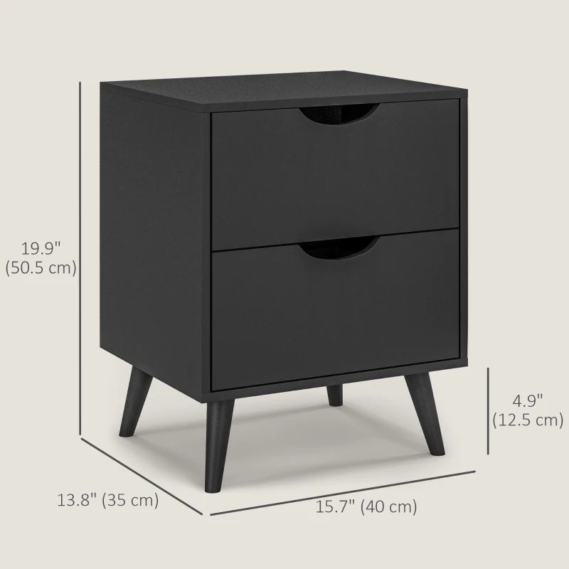 HOMCOM Modern Bedside Table, Nightstand with 2 Drawers and Pine Wood Legs for Bedroom, Living Room, Black
