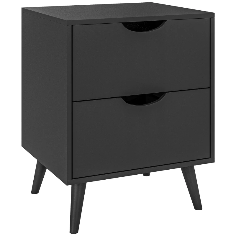 HOMCOM Modern Bedside Table, Nightstand with 2 Drawers and Pine Wood Legs for Bedroom, Living Room, Black