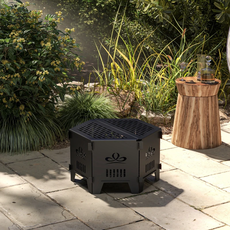 Outsunny 2-In-1 Portable Plug Fire Pit Table 20" Hexagon Firepit with Carrying Bag for Patio, Camping, Picnic, Bonfire