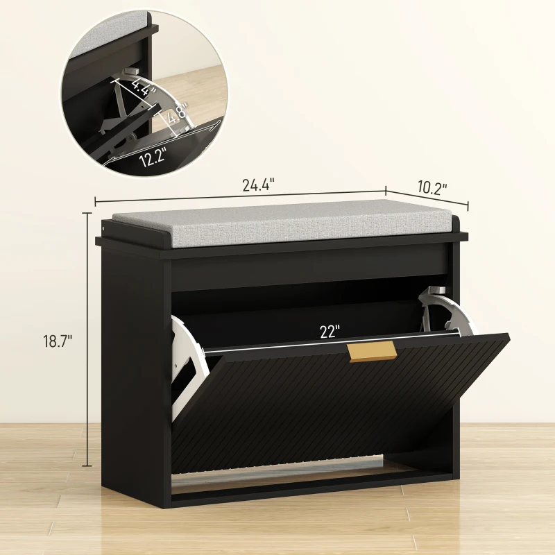 HOMCOM Shoe Storage Bench with Padded Seat Cushion and Flip-Drawer, Entryway Bench, Shoe Cabinet, 24.4x10.2x18.7 Inches, Black