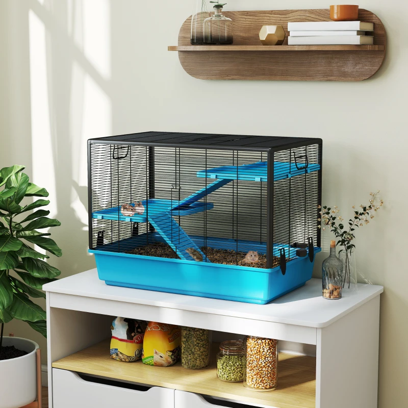 PawHut 3-tier Hamster Cage, Guinea Pig Cage with Accessories Food Dish Water Bottle, Ramps, 31.5"x19"x 23", Light Blue