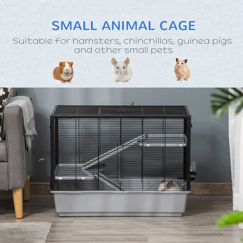 PawHut 3-tier Hamster Cage, Guinea Pig Cage with Accessories Food Dish Water Bottle, Ramps, 31.5"x19"x 23", Grey
