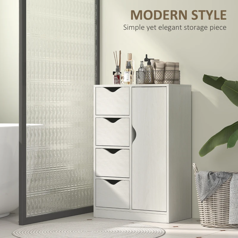 HOMCOM Freestanding Storage Cabinet, Bathroom Floor Cabinet with 4 Drawers and Door, White Wood Grain