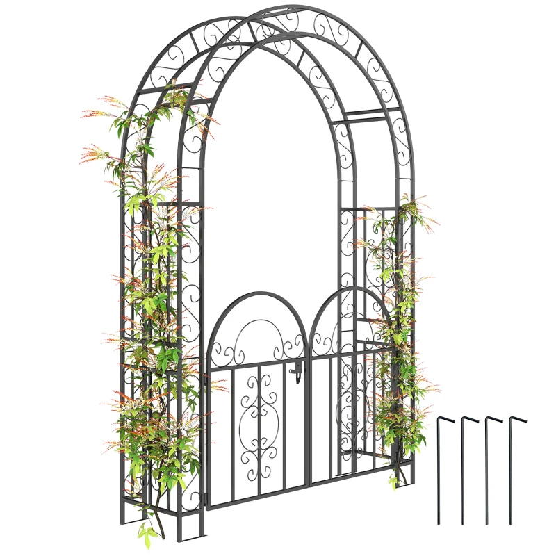 Outsunny 7.4ft Steel Garden Arch with Gate, Garden Arbor Trellis for Climbing Plants, Roses, Vines, Wedding Arch for Outdoor, Garden, Lawn, Backyard, Black