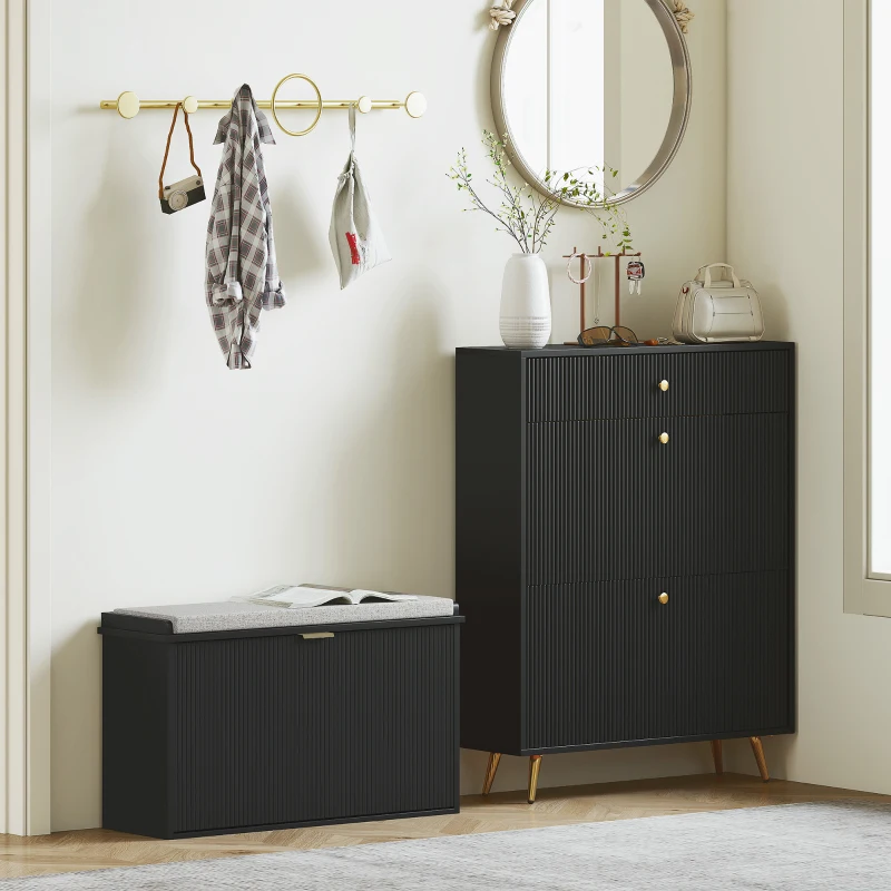 HOMCOM Shoe Storage Bench with Padded Seat Cushion and Flip-Drawer, Entryway Bench, Shoe Cabinet, 31.5x10.2x18.7 Inches, Black