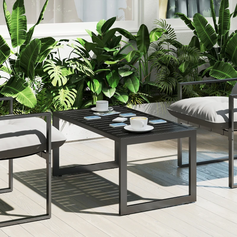 Outsunny Outdoor Coffee Table, Patio Coffee Table with Slatted Tabletop, Adjustable Foot Pads for Garden, Patio, Lawn, Black