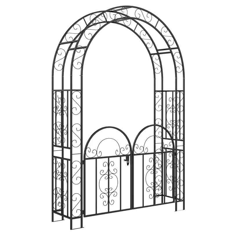 Outsunny 7.4ft Steel Garden Arch with Gate, Garden Arbor Trellis for Climbing Plants, Roses, Vines, Wedding Arch Stand for Outdoor, Garden, Lawn, Backyard, Black