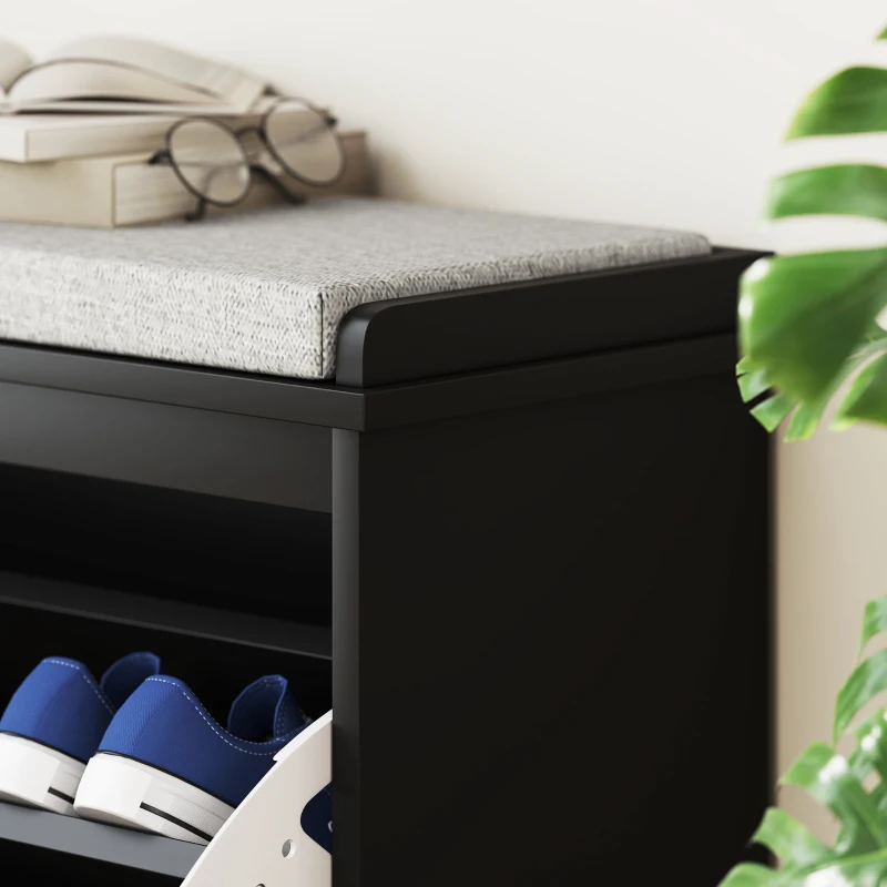 HOMCOM Shoe Storage Bench with Padded Seat Cushion and Flip-Drawer, Entryway Bench, Shoe Cabinet, 31.5x10.2x18.7 Inches, Black