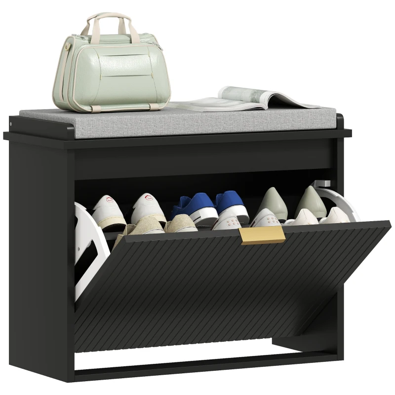 HOMCOM Shoe Storage Bench with Padded Seat Cushion and Flip-Drawer, Entryway Bench, Shoe Cabinet, 24.4x10.2x18.7 Inches, Black