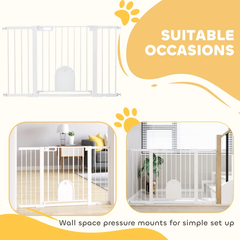 PawHut 30"-52" Extra Wide Pet Gate Barrier with Small Door, 30"H Dog Gate with Safety Gate Barrier, Stair Pressure Fit, White