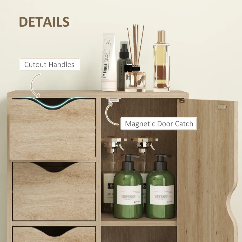 HOMCOM Freestanding Storage Cabinet, Bathroom Floor Cabinet with 4 Drawers and Door, Oak
