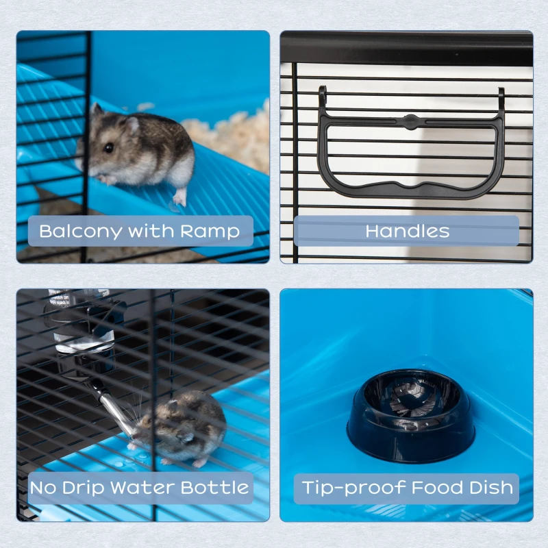 PawHut 3-tier Hamster Cage, Guinea Pig Cage with Accessories Food Dish Water Bottle, Ramps, 31.5"x19"x 23", Light Blue