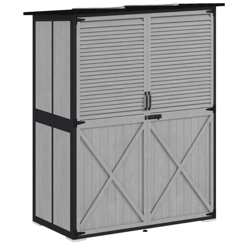Outsunny Wood Storage Shed, Outdoor Garden Shed with Asphalt Roof, 2 Shelves, Lockable Doors and Adjustable Feet, Gray