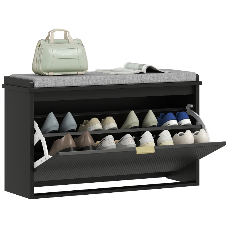 HOMCOM Shoe Storage Bench with Padded Seat Cushion and Flip-Drawer, Entryway Bench, Shoe Cabinet, 31.5x10.2x18.7 Inches, Black