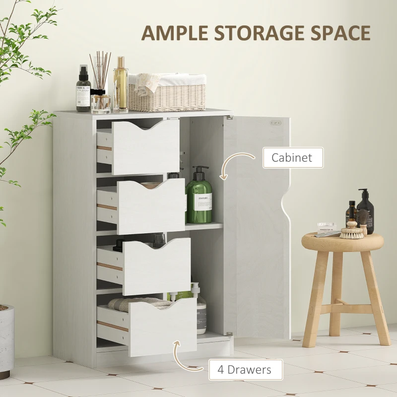 HOMCOM Freestanding Storage Cabinet, Bathroom Floor Cabinet with 4 Drawers and Door, White Wood Grain