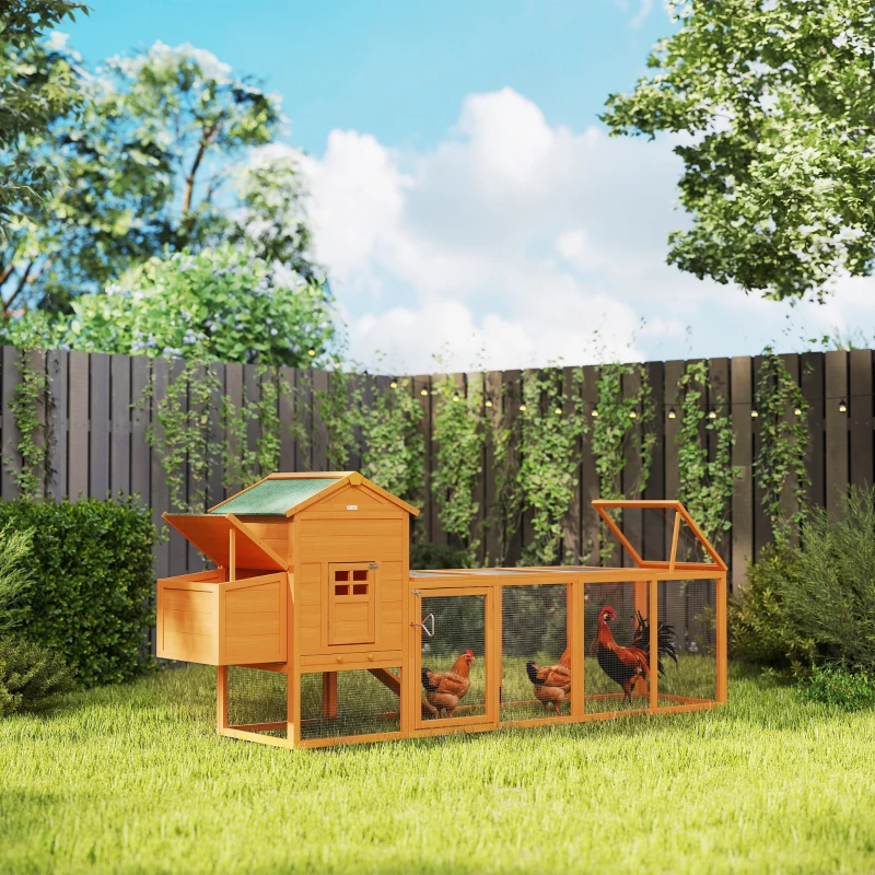 PawHut 117" Extra Large Chicken Coop with Asphalt Roof, Wooden Hen House with Slide-out Tray, Quail Hutch with Nesting Box, Orange