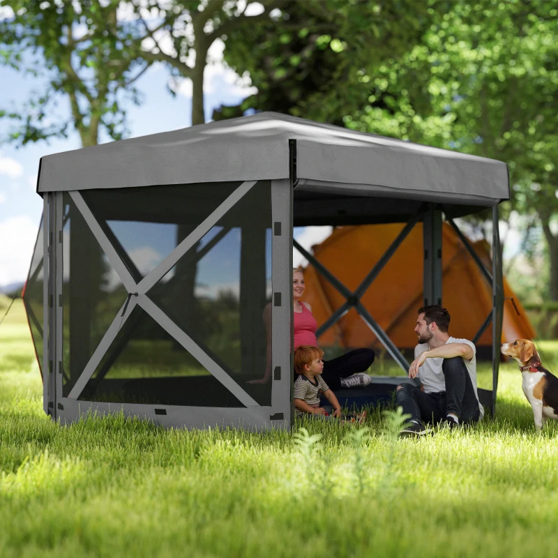 Outsunny 12' x 12' Hexagonal Pop Up Gazebo Canopy Tent with 5 Sidewalls, Outdoor Canopy Shelter with Carry Bag, Dark Gray