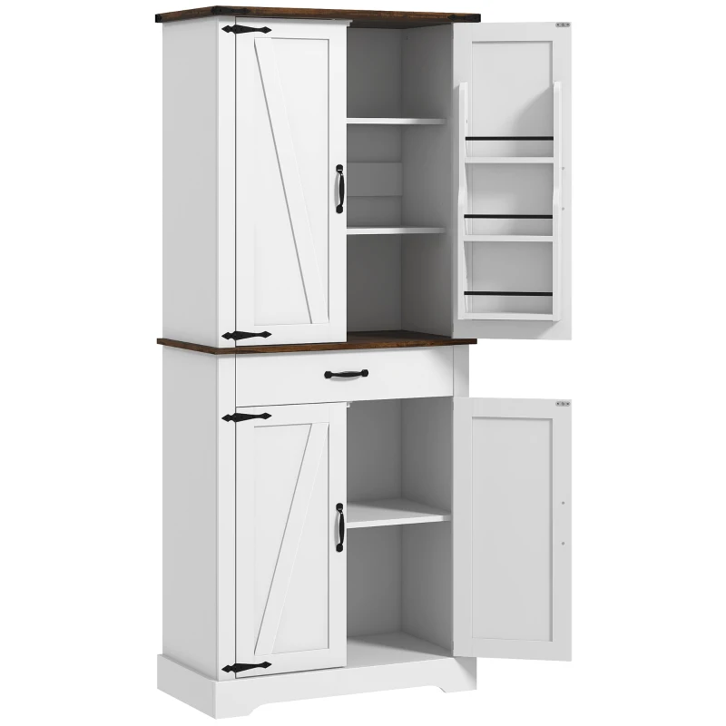 HOMCOM 71" Tall Kitchen Cabinet, Farmhouse Pantry Cabinet with Barn Doors, Drawer and Adjustable Shelves, White