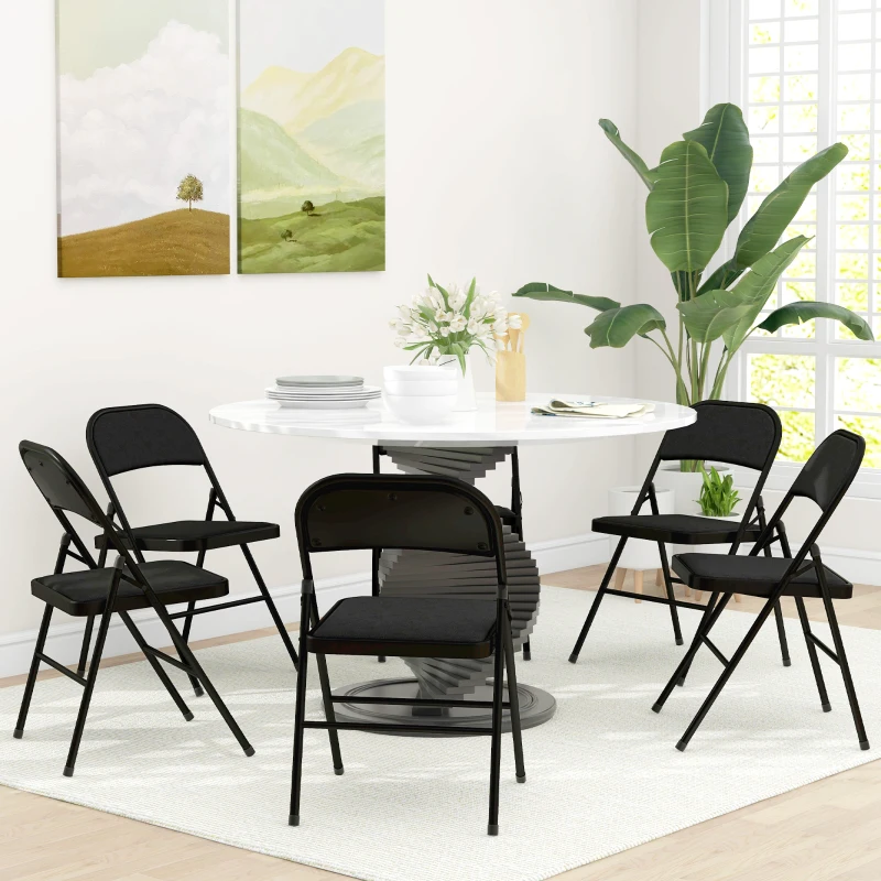 HOMCOM Set of 6 Metal Foldable Chairs, Linen Padded Folding Chairs with Cushion Seat and Open Back for Indoor, Black