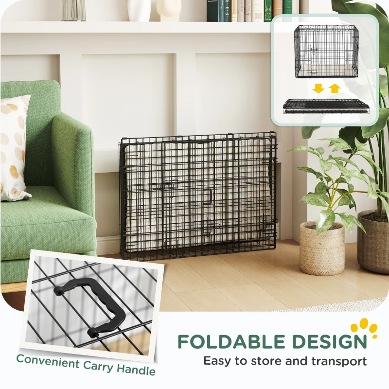 PawHut 30" Dog Crate with 2 Doors, Folding Metal Dog Cage with Soft Cushion, Removable Tray, Handle, for Small Dogs, Black