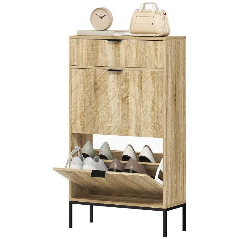 HOMCOM Narrow Shoe Storage Cabinet with Flip Drawers, Shoe Cabinet with Adjustable Shelves, Sliding Drawer, Holds 8 Pairs, Oak