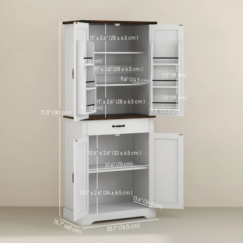 HOMCOM 71" Tall Kitchen Cabinet, Farmhouse Pantry Cabinet with Barn Doors, Drawer and Adjustable Shelves, White