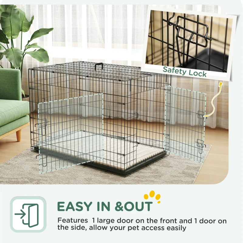 PawHut 41" Dog Crate with 2 Doors, Folding Metal Dog Cage with Soft Cushion, Removable Tray, Handle, for Small Dogs, Black