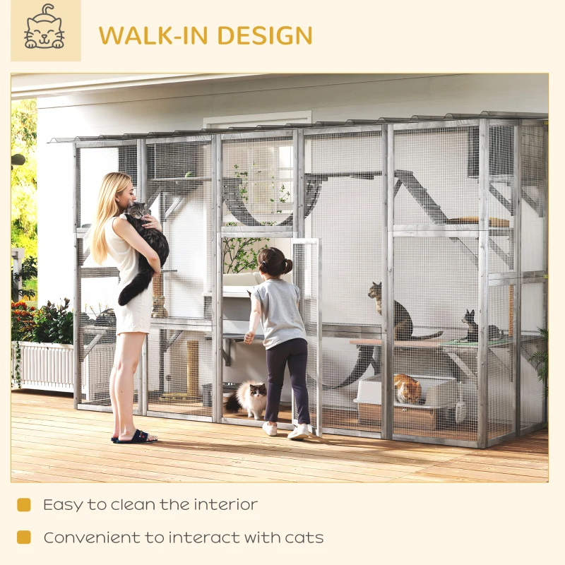 PawHut Large Outdoor Catio with Condos, Platforms, Doors, Ladders, Weather-Resistant Roof, Grey