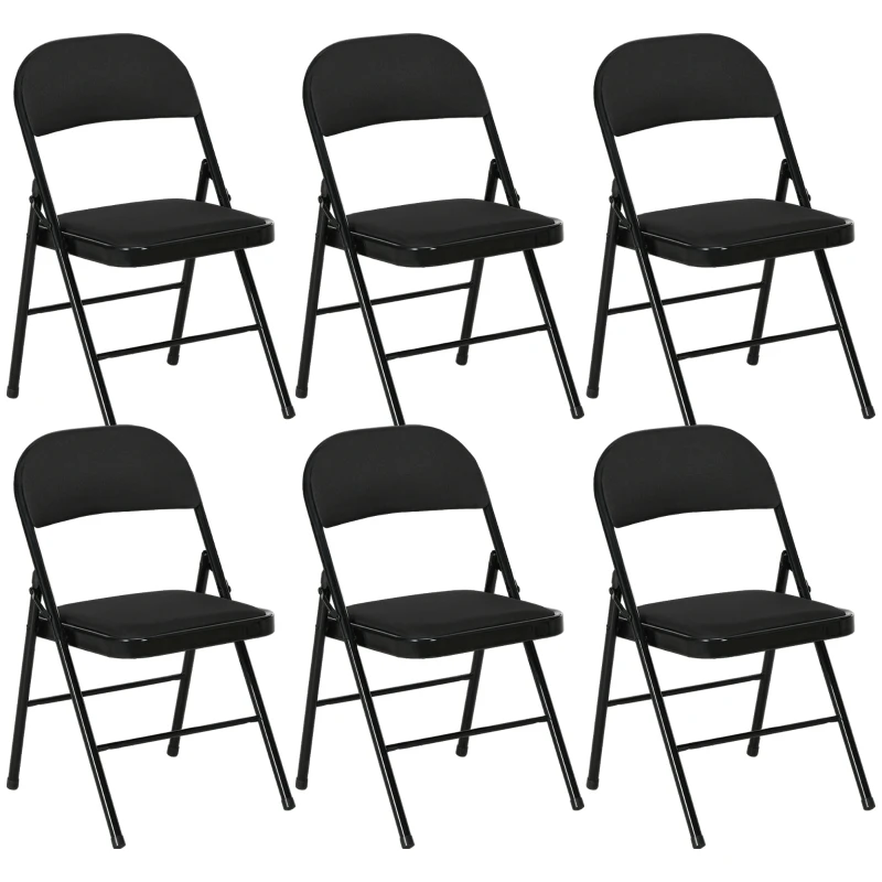 HOMCOM Set of 6 Metal Foldable Chairs, Linen Padded Folding Chairs with Cushion Seat and Open Back for Indoor, Black