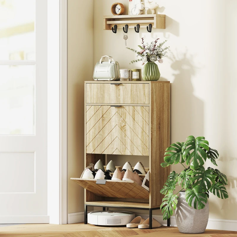 HOMCOM Narrow Shoe Storage Cabinet with Flip Drawers, Shoe Cabinet with Adjustable Shelves, Sliding Drawer, Holds 8 Pairs, Oak