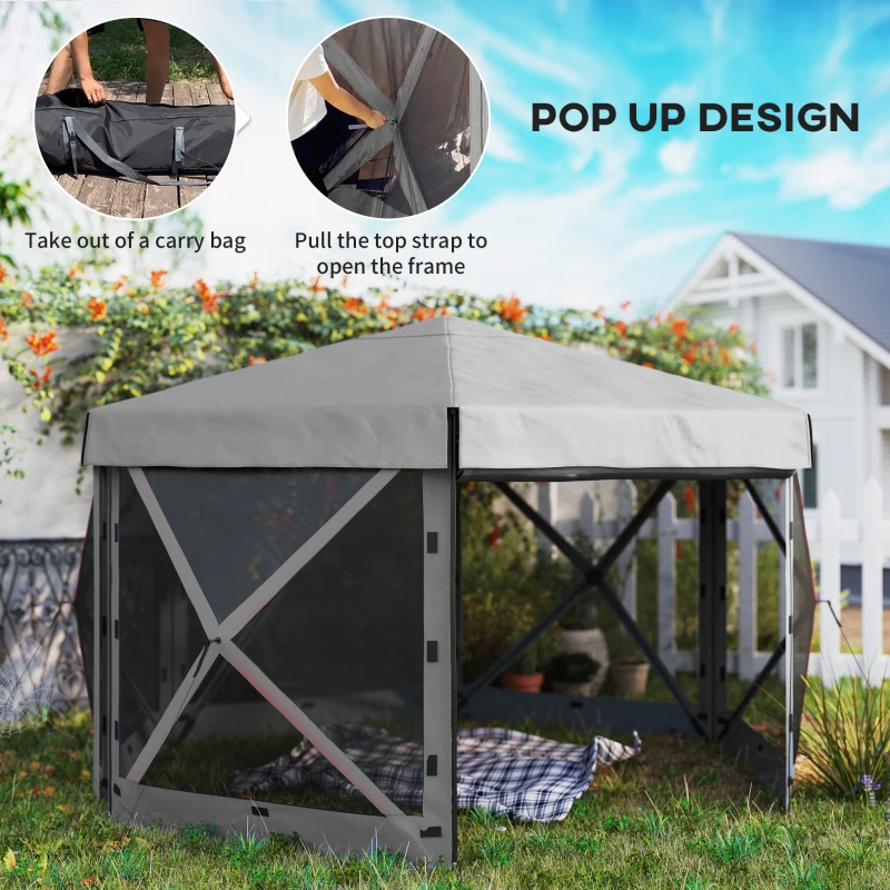 Outsunny 12' x 12' Hexagonal Pop Up Gazebo Canopy Tent with 5 Sidewalls, Outdoor Canopy Shelter with Carry Bag, Dark Gray