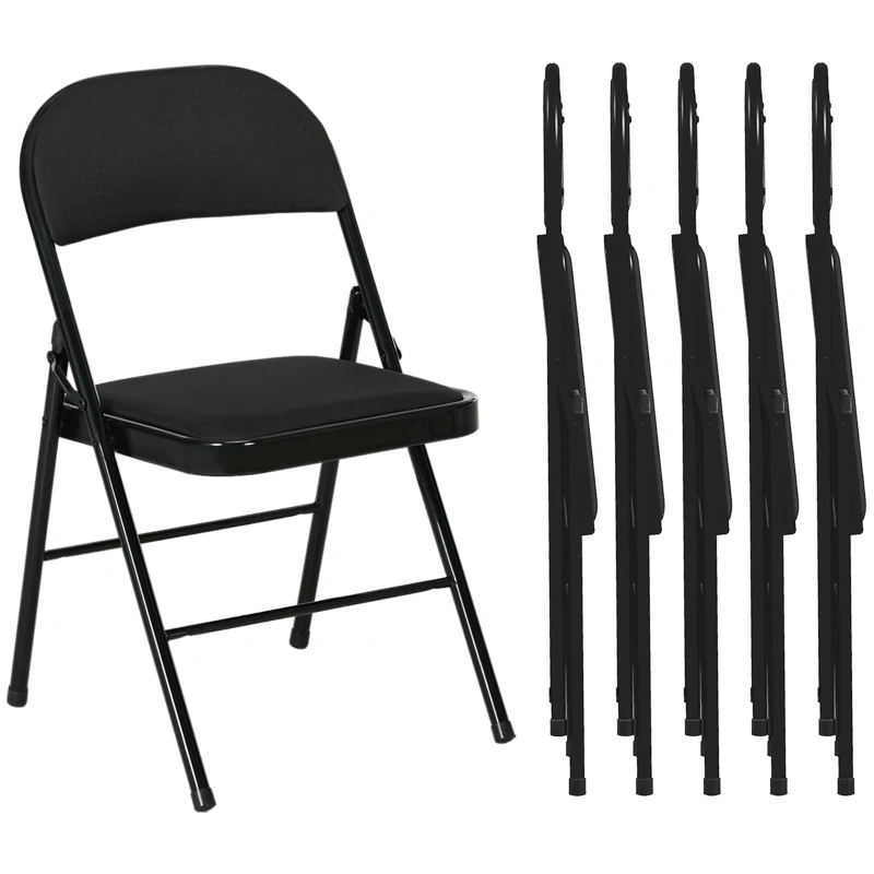HOMCOM Set of 6 Metal Foldable Chairs, Linen Padded Folding Chairs with Cushion Seat and Open Back for Indoor, Black