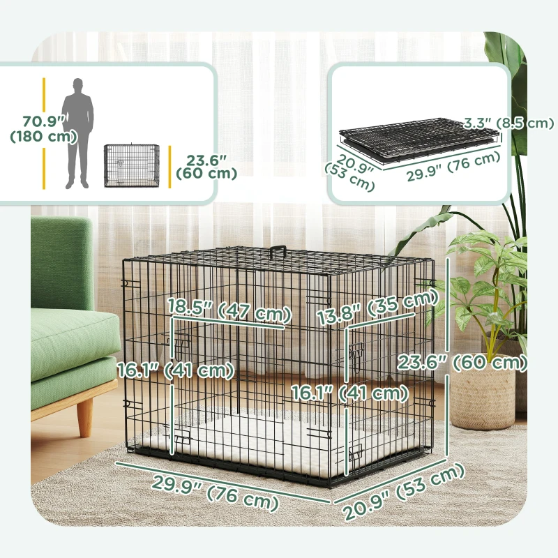 PawHut 30" Dog Crate with 2 Doors, Folding Metal Dog Cage with Soft Cushion, Removable Tray, Handle, for Small Dogs, Black