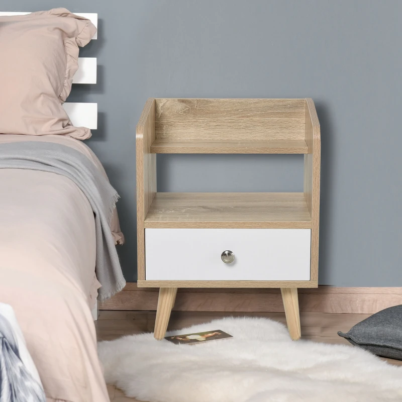 HOMCOM Bedside Table with 2-tier Shelf and Drawer, Side End Table with Storage for Living Room, Bedroom, Natural