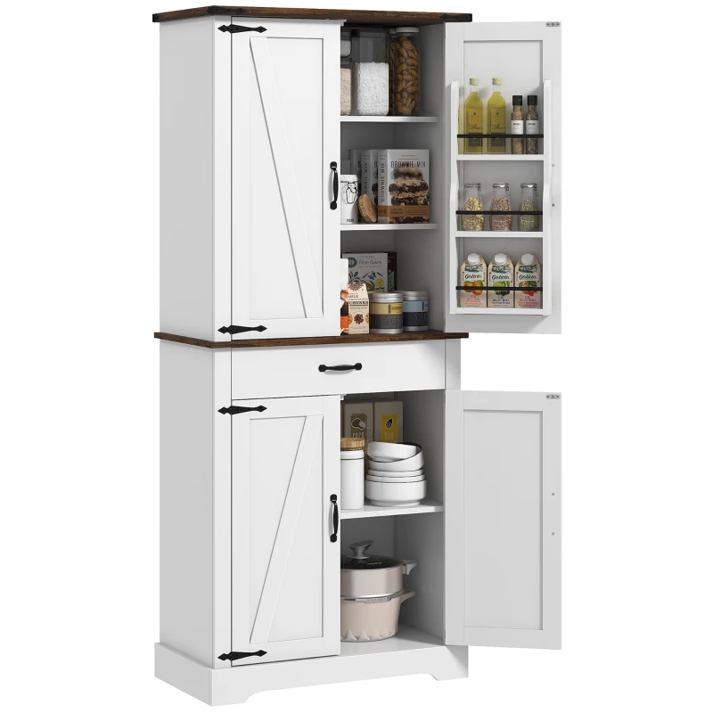 HOMCOM 71" Tall Kitchen Cabinet, Farmhouse Pantry Cabinet with Barn Doors, Drawer and Adjustable Shelves, White