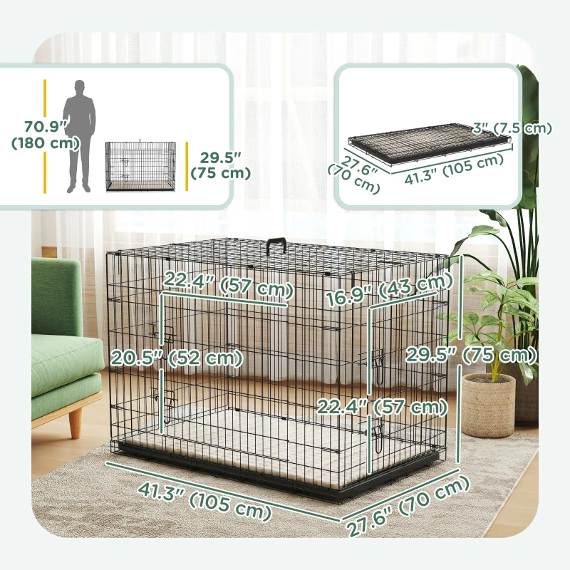 PawHut 41" Dog Crate with 2 Doors, Folding Metal Dog Cage with Soft Cushion, Removable Tray, Handle, for Small Dogs, Black