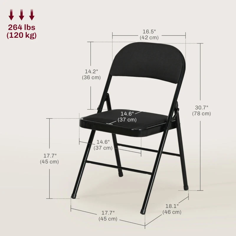 HOMCOM Set of 6 Metal Foldable Chairs, Linen Padded Folding Chairs with Cushion Seat and Open Back for Indoor, Black