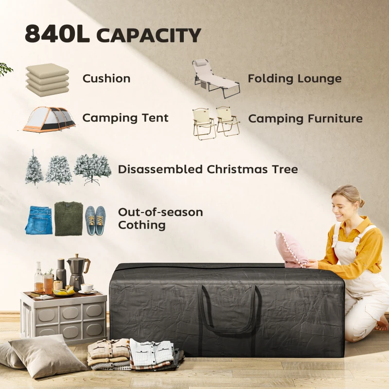 Outsunny 840L Outdoor Patio Cushion Storage Bag, UPF30+, Waterproof 600D Oxford Heavy Duty Furniture Storage Bag, Black