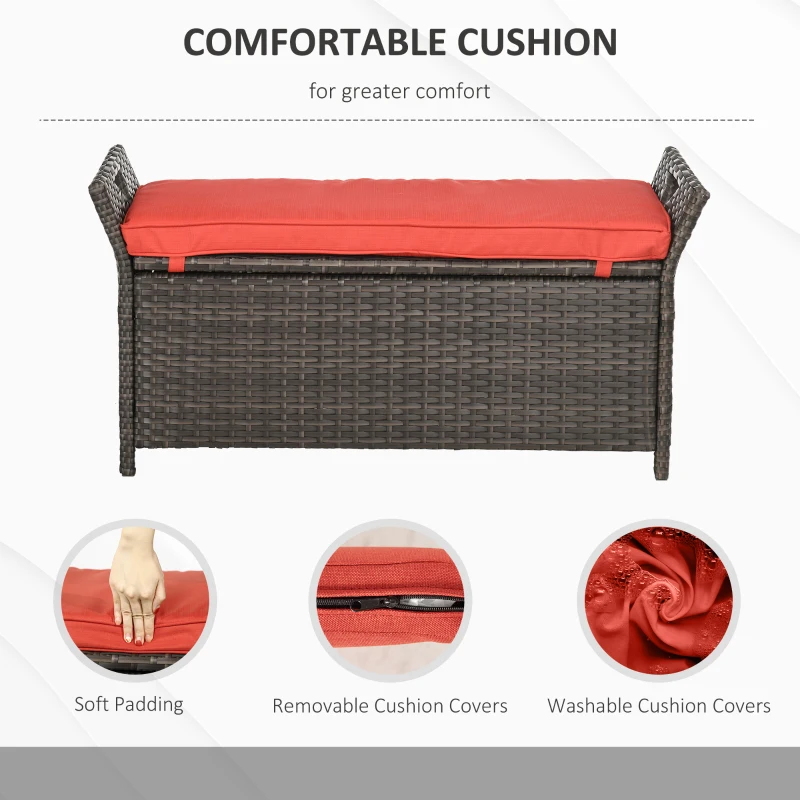 Outsunny 2-In-1 Outdoor PE Rattan Storage Bench, 29 Gallon Patio Wicker Furniture, Basket Box with Handles and Cushion Red
