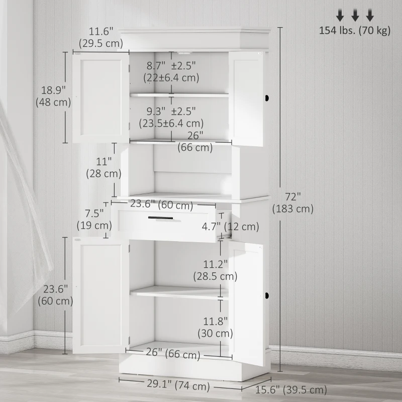 HOMCOM Modern Freestanding Kitchen Pantry Cabinet Cupboard with Doors Open Shelves Adjustable Shelving Microwave Space, White